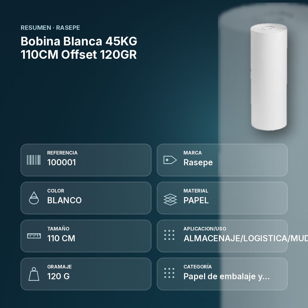 BOBINA BLANCA 45KG 110CM OFFSET 120GR - resumen de atributos