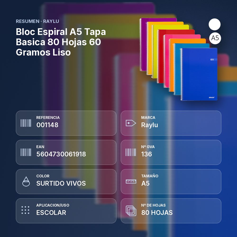 BLOC ESPIRAL A5 TAPA BASICA 80 HOJAS 60 GRAMOS LISO - resumen de atributos