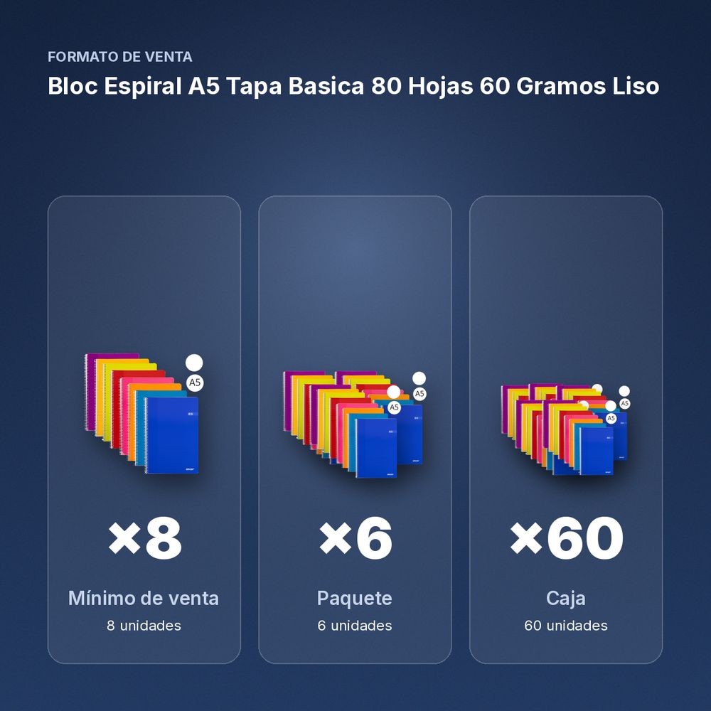 BLOC ESPIRAL A5 TAPA BASICA 80 HOJAS 60 GRAMOS LISO - formato de venta: paquete de 6, caja de 60, palé de 1200