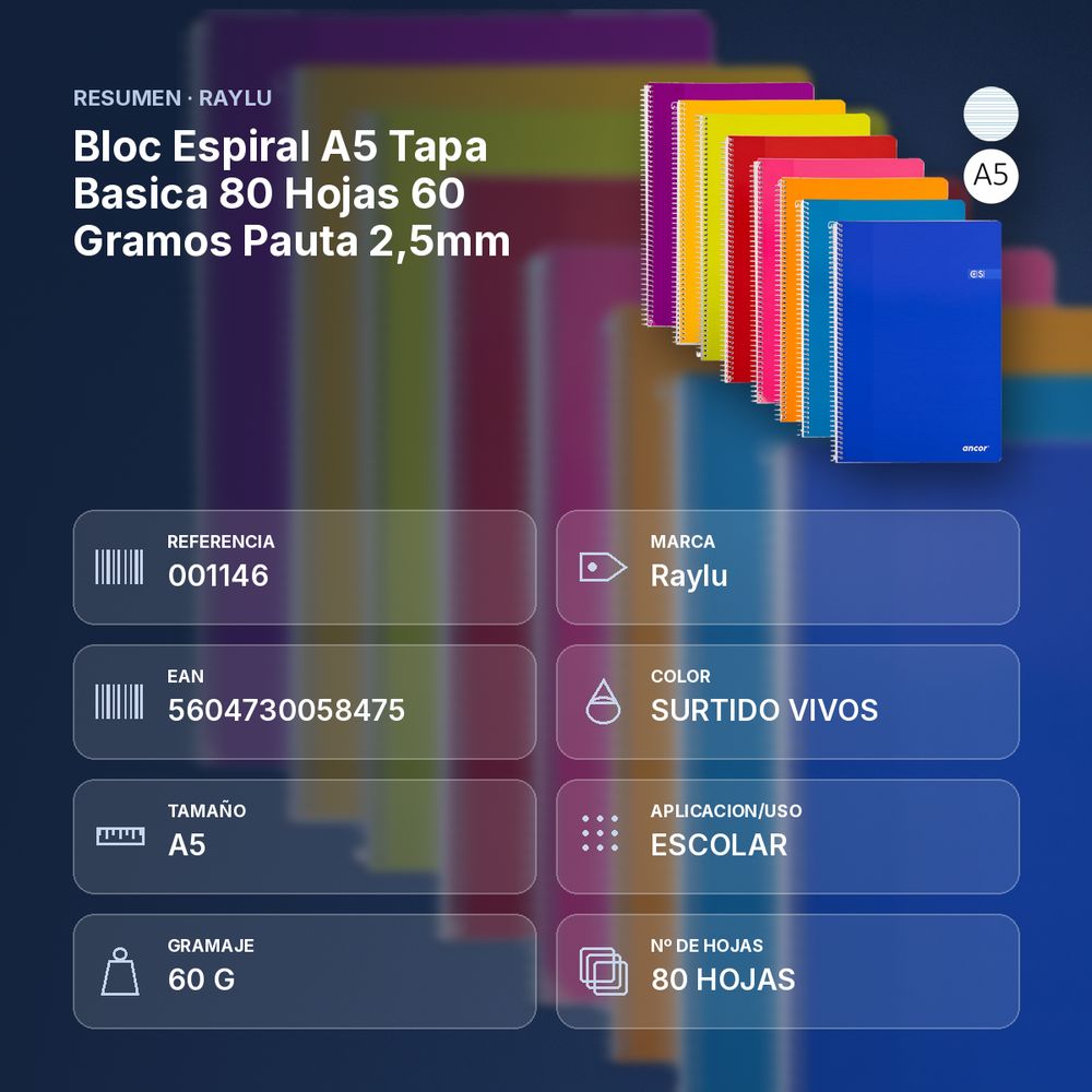 BLOC ESPIRAL A5 TAPA BASICA 80 HOJAS 60 GRAMOS PAUTA 2,5MM - resumen de atributos