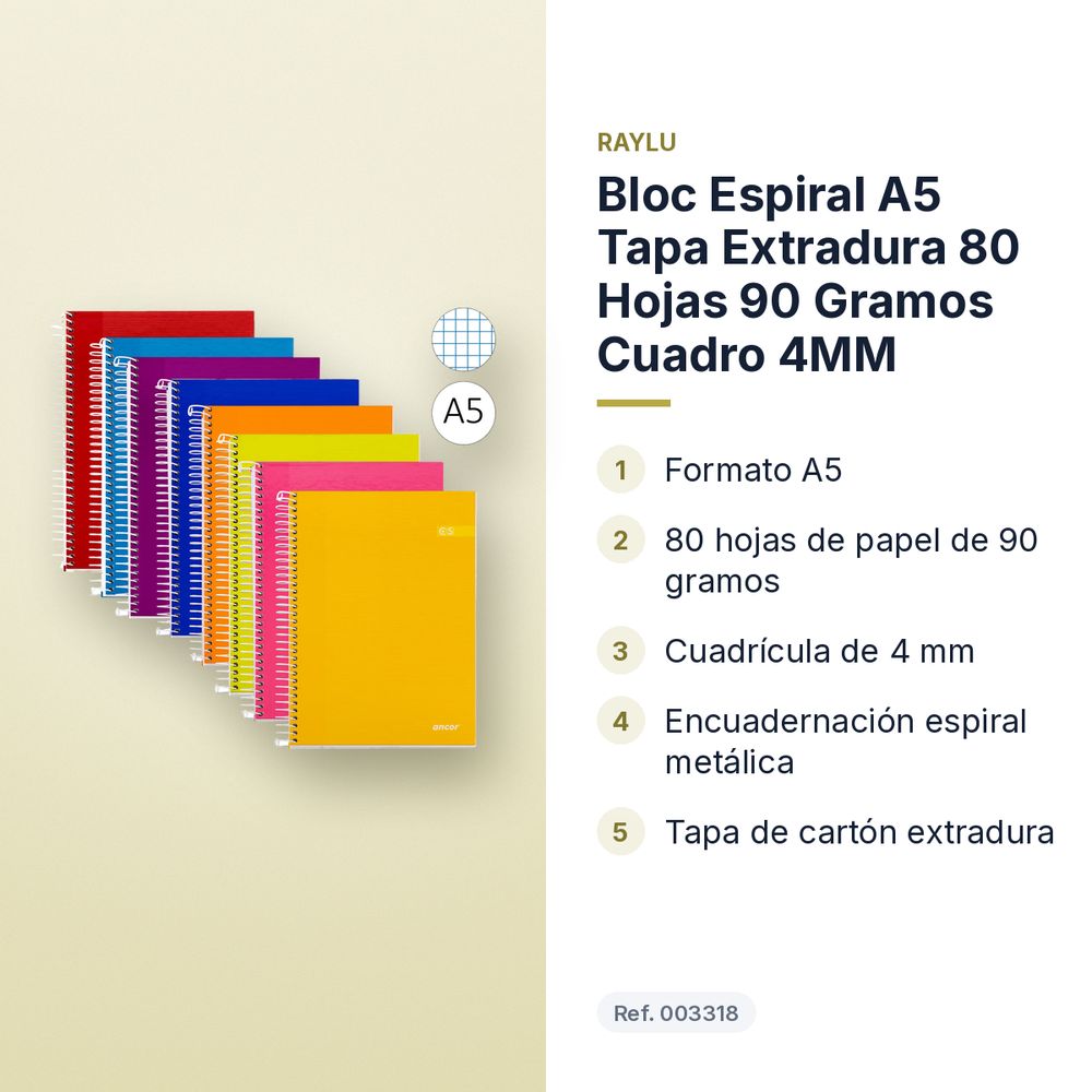 BLOC ESPIRAL A5 TAPA EXTRADURA 80 HOJAS 90 GRAMOS CUADRO 4MM - características principales