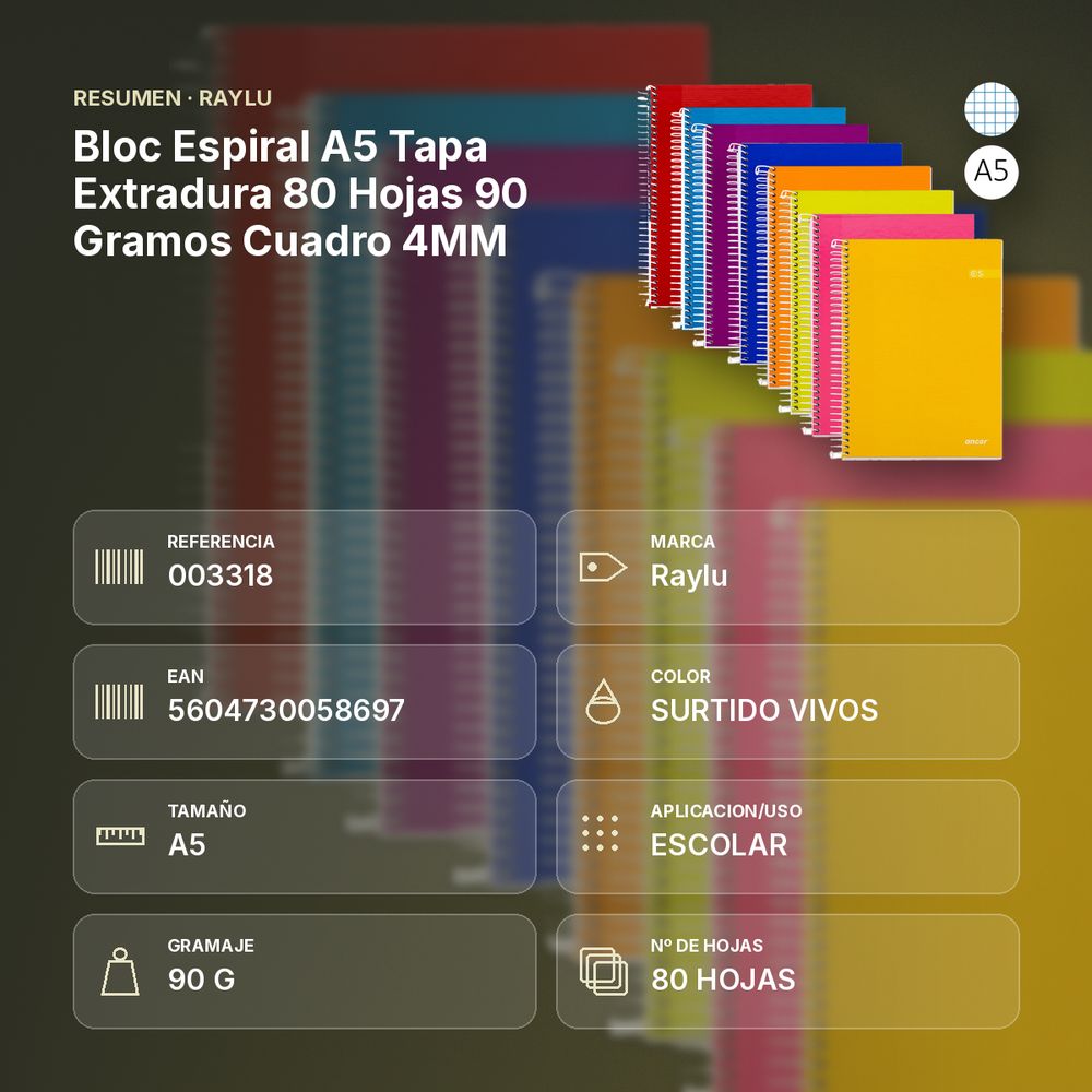 BLOC ESPIRAL A5 TAPA EXTRADURA 80 HOJAS 90 GRAMOS CUADRO 4MM - resumen de atributos