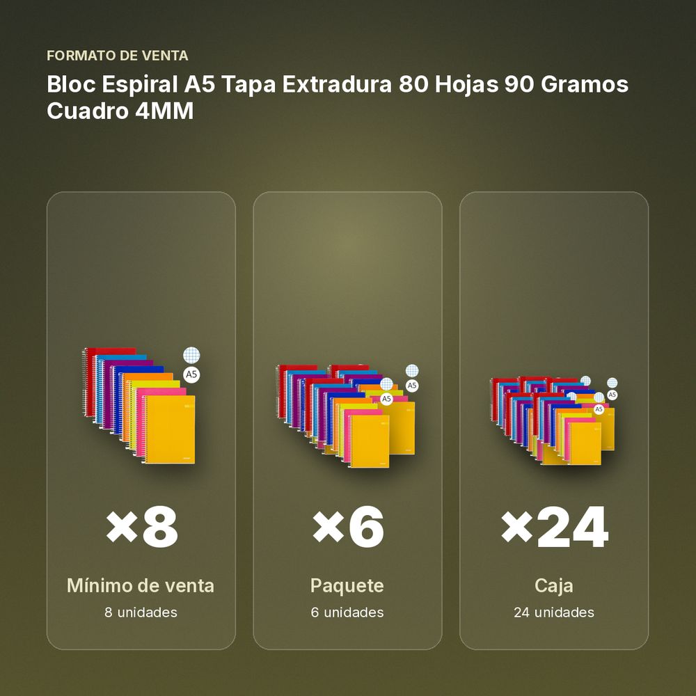 BLOC ESPIRAL A5 TAPA EXTRADURA 80 HOJAS 90 GRAMOS CUADRO 4MM - formato de venta: paquete de 6, caja de 24, palé de 1200