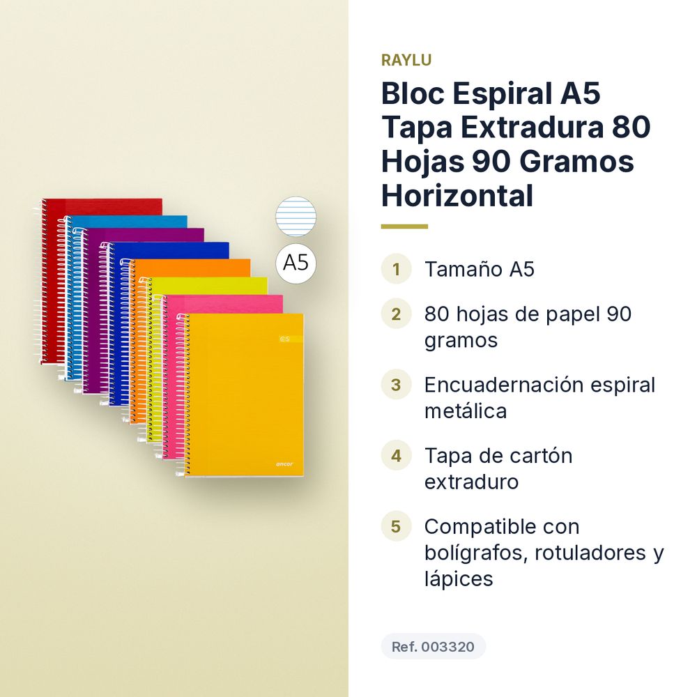 BLOC ESPIRAL A5 TAPA EXTRADURA 80 HOJAS 90 GRAMOS HORIZONTAL - características principales