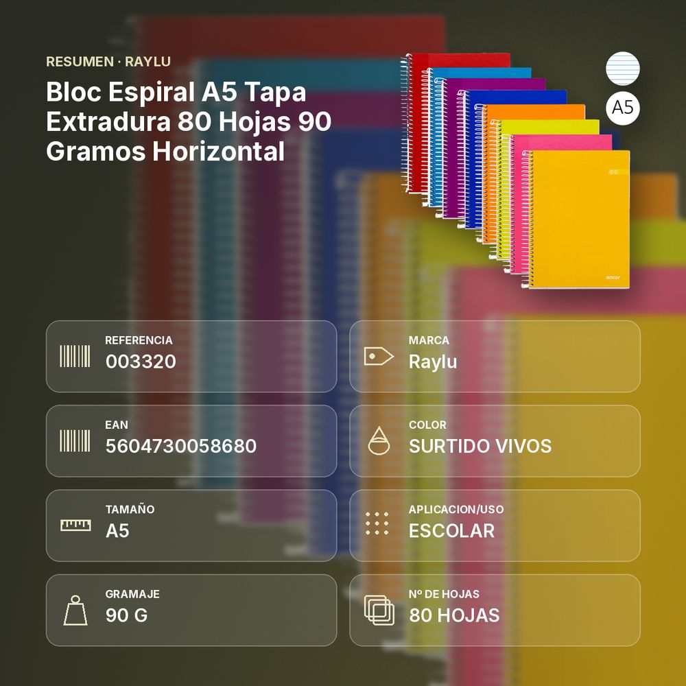 BLOC ESPIRAL A5 TAPA EXTRADURA 80 HOJAS 90 GRAMOS HORIZONTAL - resumen de atributos