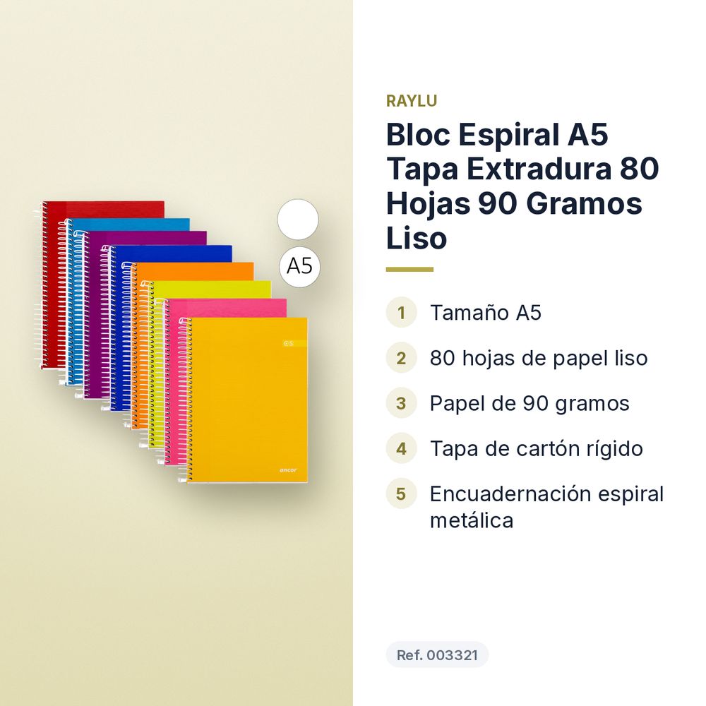 BLOC ESPIRAL A5 TAPA EXTRADURA 80 HOJAS 90 GRAMOS LISO - características principales