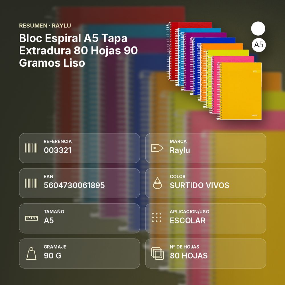 BLOC ESPIRAL A5 TAPA EXTRADURA 80 HOJAS 90 GRAMOS LISO - resumen de atributos