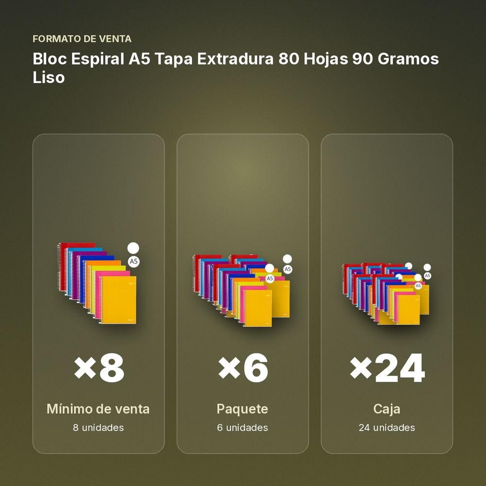 BLOC ESPIRAL A5 TAPA EXTRADURA 80 HOJAS 90 GRAMOS LISO - formato de venta: paquete de 6, caja de 24, palé de 1200