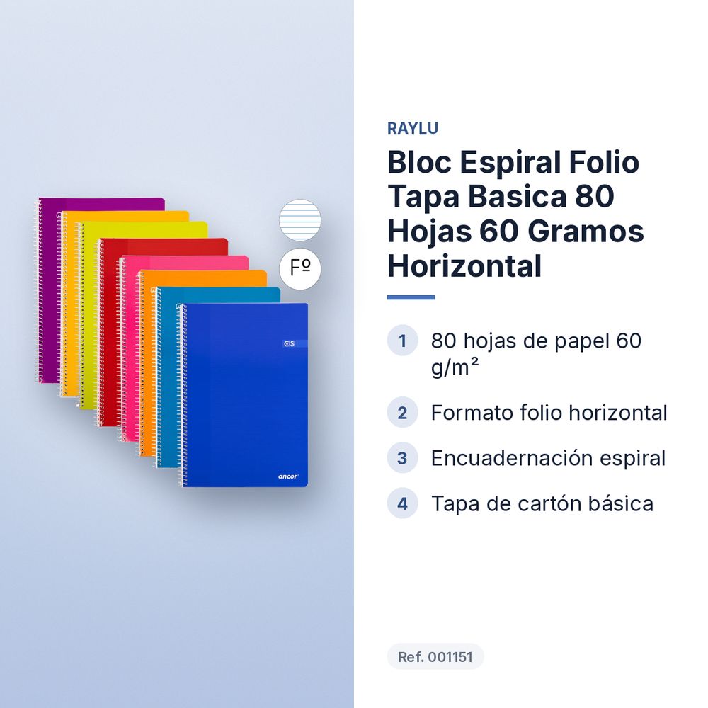 BLOC ESPIRAL FOLIO TAPA BASICA 80 HOJAS 60 GRAMOS HORIZONTAL - características principales