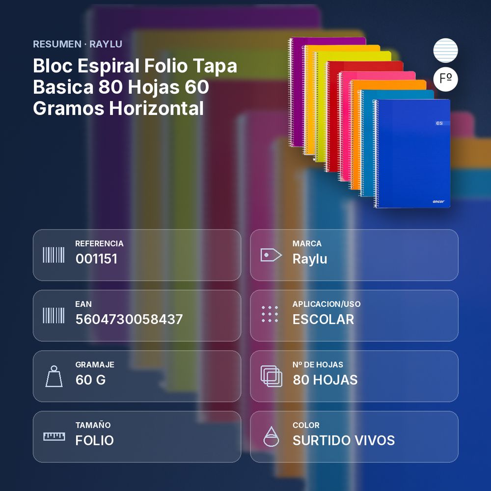 BLOC ESPIRAL FOLIO TAPA BASICA 80 HOJAS 60 GRAMOS HORIZONTAL - resumen de atributos