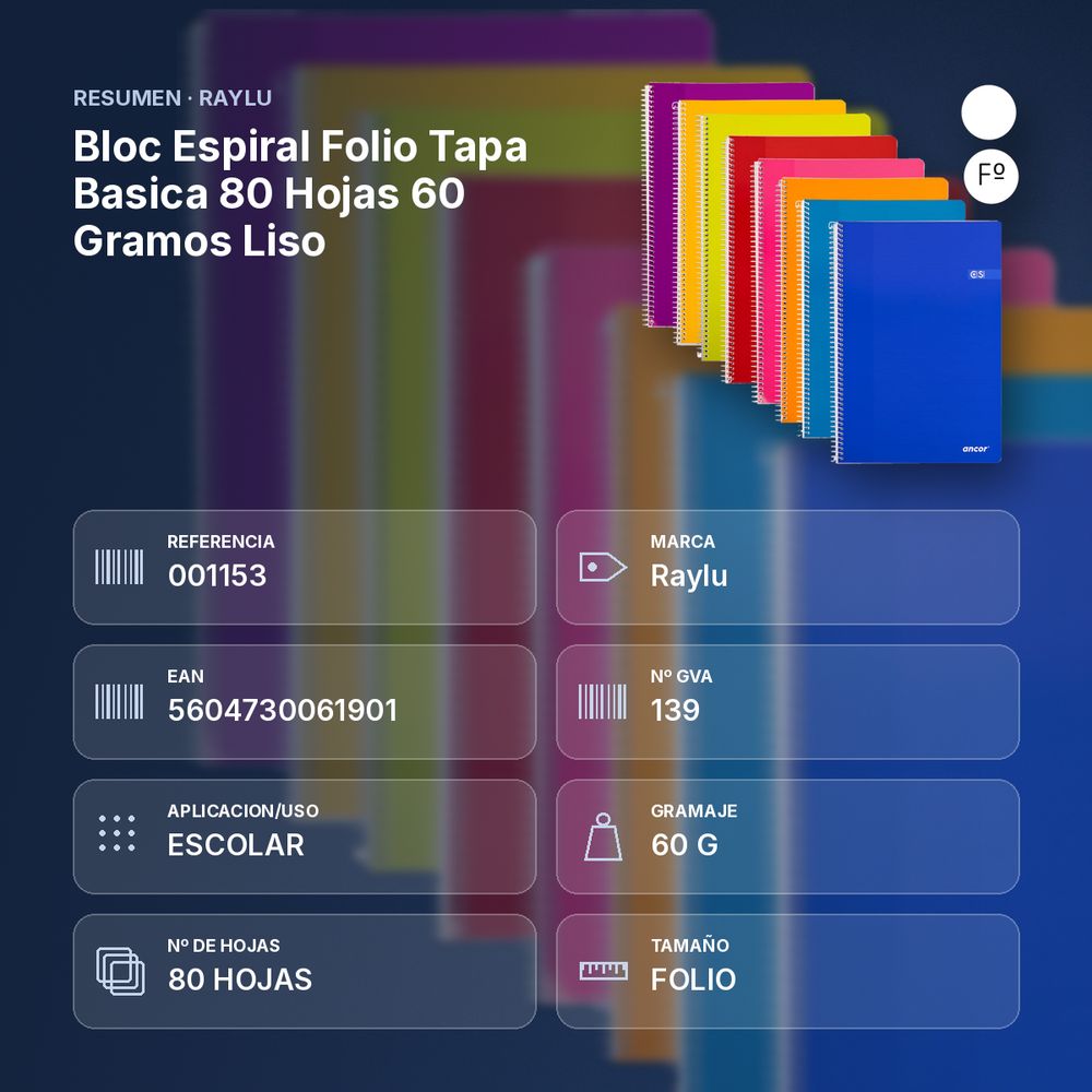 BLOC ESPIRAL FOLIO TAPA BASICA 80 HOJAS 60 GRAMOS LISO - resumen de atributos