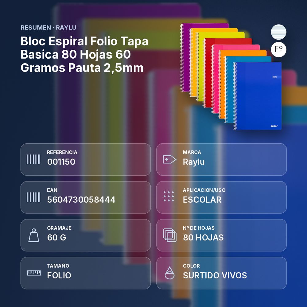 BLOC ESPIRAL FOLIO TAPA BASICA 80 HOJAS 60 GRAMOS PAUTA 2,5MM - resumen de atributos