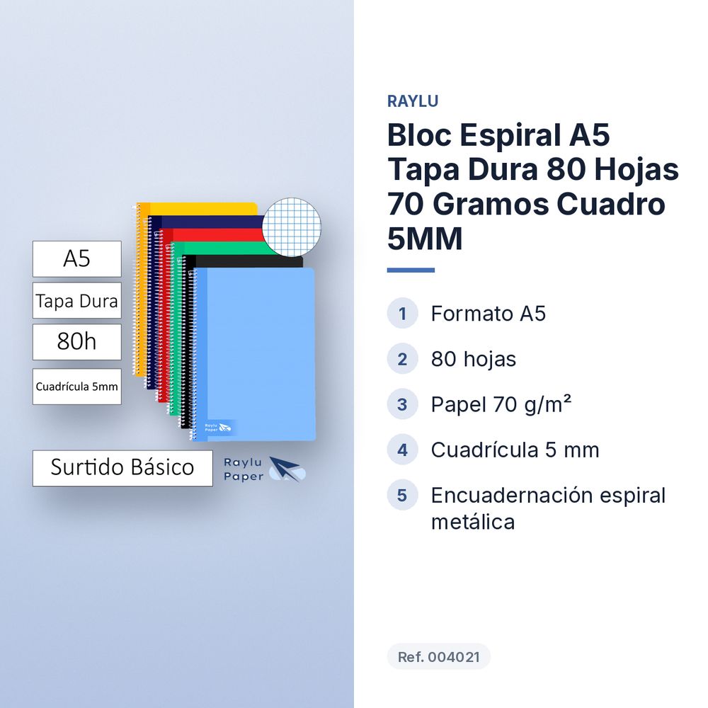 BLOC ESPIRAL A5 TAPA DURA 80 HOJAS 70 GRAMOS CUADRO 5MM - características principales