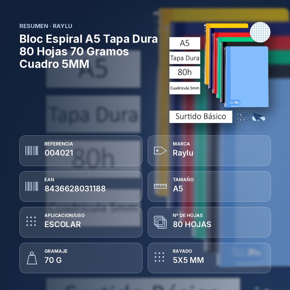 BLOC ESPIRAL A5 TAPA DURA 80 HOJAS 70 GRAMOS CUADRO 5MM - resumen de atributos