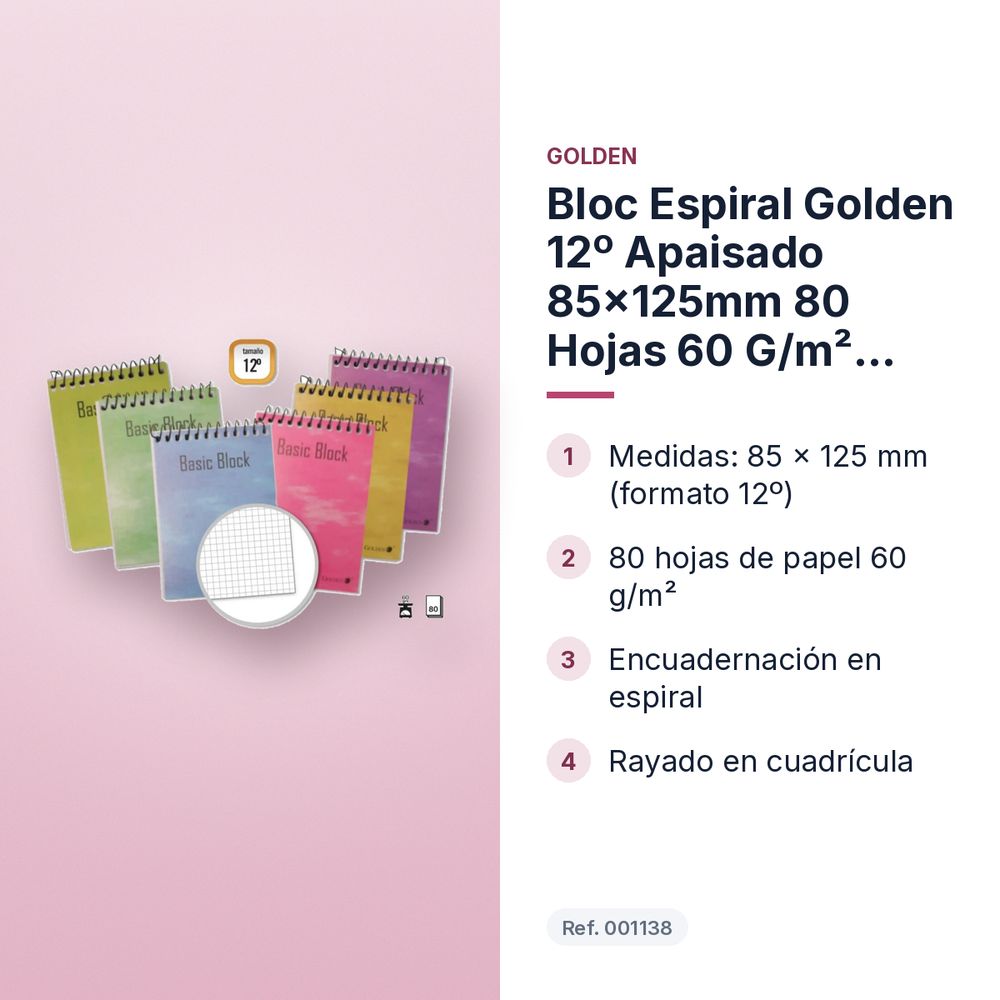 BLOC ESPIRAL GOLDEN 12º APAISADO 85×125MM 80 HOJAS 60 G/M² CUADRÍCULA - características principales