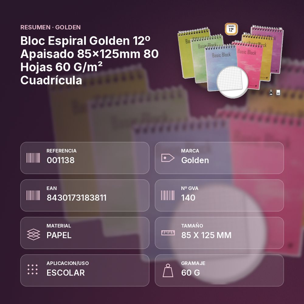 BLOC ESPIRAL GOLDEN 12º APAISADO 85×125MM 80 HOJAS 60 G/M² CUADRÍCULA - resumen de atributos