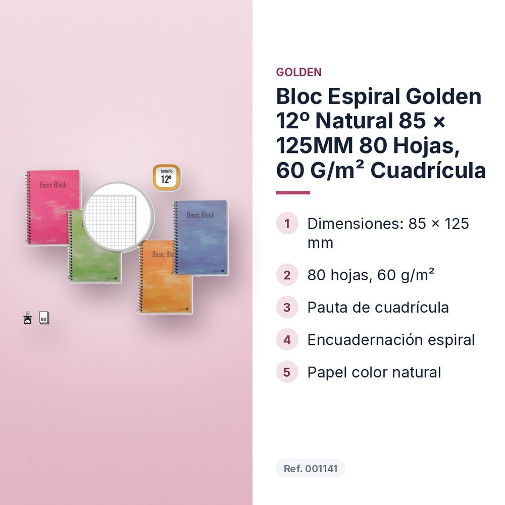 BLOC ESPIRAL GOLDEN 12º NATURAL 85 × 125MM 80 HOJAS, 60 G/M² CUADRÍCULA - características principales