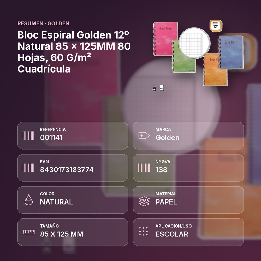 BLOC ESPIRAL GOLDEN 12º NATURAL 85 × 125MM 80 HOJAS, 60 G/M² CUADRÍCULA - resumen de atributos