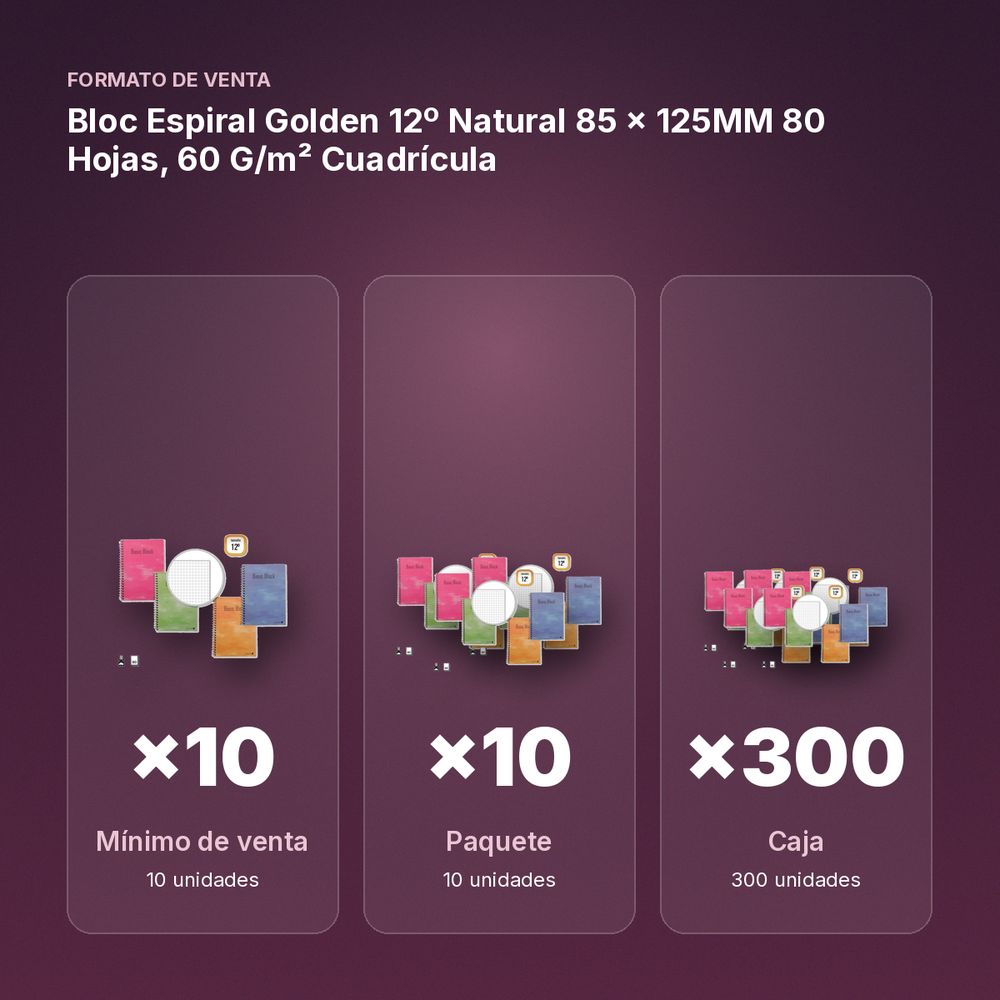 BLOC ESPIRAL GOLDEN 12º NATURAL 85 × 125MM 80 HOJAS, 60 G/M² CUADRÍCULA - formato de venta: paquete de 10, caja de 300