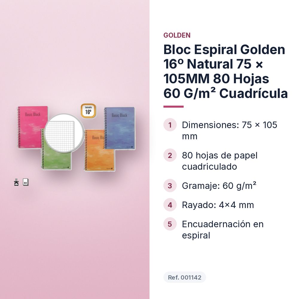 BLOC ESPIRAL GOLDEN 16º NATURAL 75 × 105MM 80 HOJAS 60 G/M² CUADRÍCULA - características principales