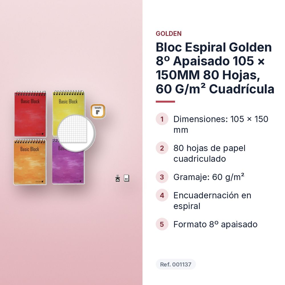 BLOC ESPIRAL GOLDEN 8º APAISADO 105 × 150MM 80 HOJAS, 60 G/M² CUADRÍCULA - características principales