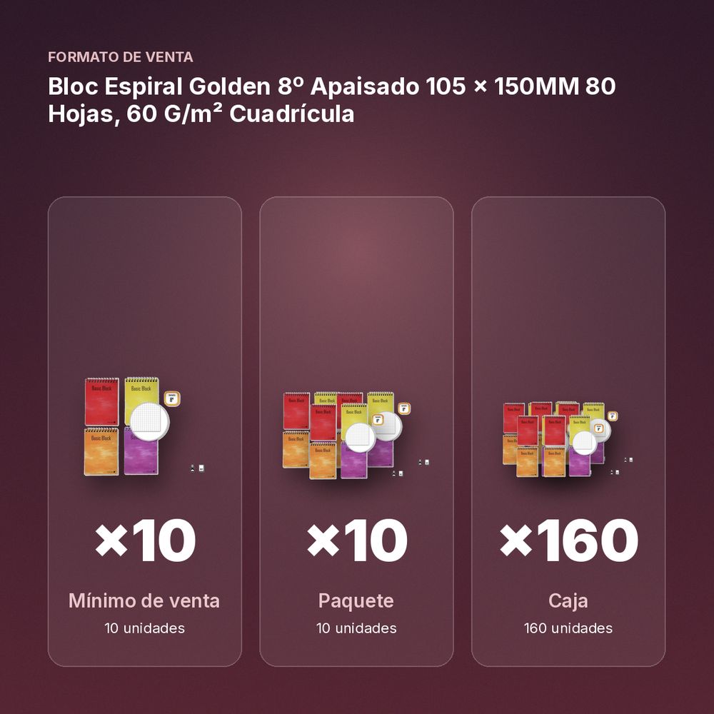 BLOC ESPIRAL GOLDEN 8º APAISADO 105 × 150MM 80 HOJAS, 60 G/M² CUADRÍCULA - formato de venta: paquete de 10, caja de 160