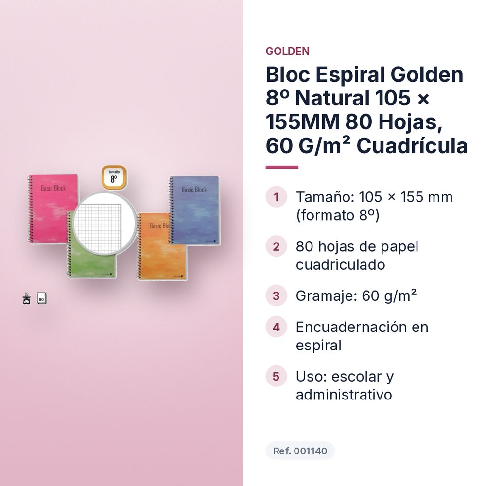 BLOC ESPIRAL GOLDEN 8º NATURAL 105 × 155MM 80 HOJAS, 60 G/M² CUADRÍCULA - características principales