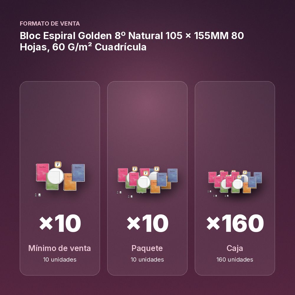 BLOC ESPIRAL GOLDEN 8º NATURAL 105 × 155MM 80 HOJAS, 60 G/M² CUADRÍCULA - formato de venta: paquete de 10, caja de 160