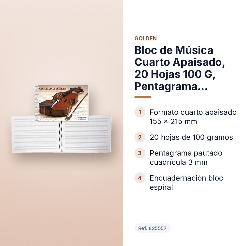 BLOC DE MÚSICA CUARTO APAISADO, 20 HOJAS 100 G, PENTAGRAMA PAUTADO CUADRICULADO 3 MM - características principales