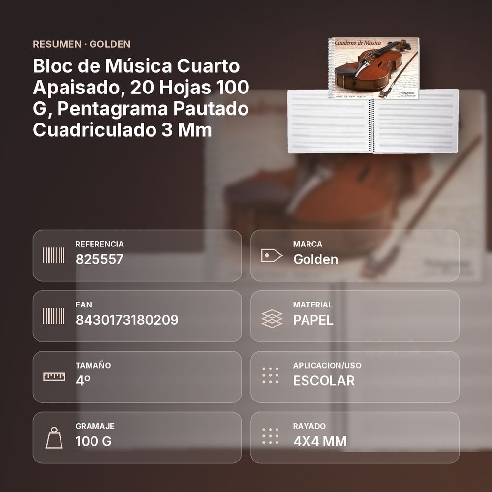 BLOC DE MÚSICA CUARTO APAISADO, 20 HOJAS 100 G, PENTAGRAMA PAUTADO CUADRICULADO 3 MM - resumen de atributos