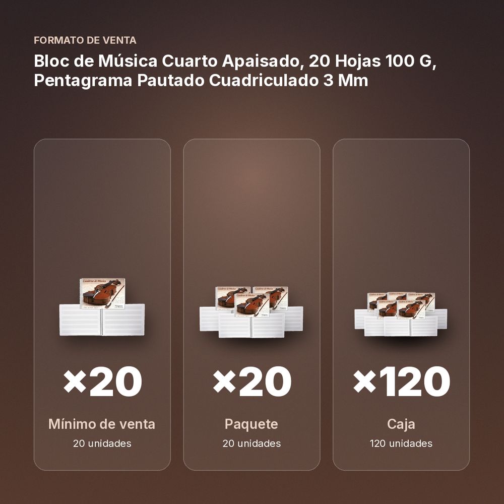 BLOC DE MÚSICA CUARTO APAISADO, 20 HOJAS 100 G, PENTAGRAMA PAUTADO CUADRICULADO 3 MM - formato de venta: paquete de 20, caja de 120