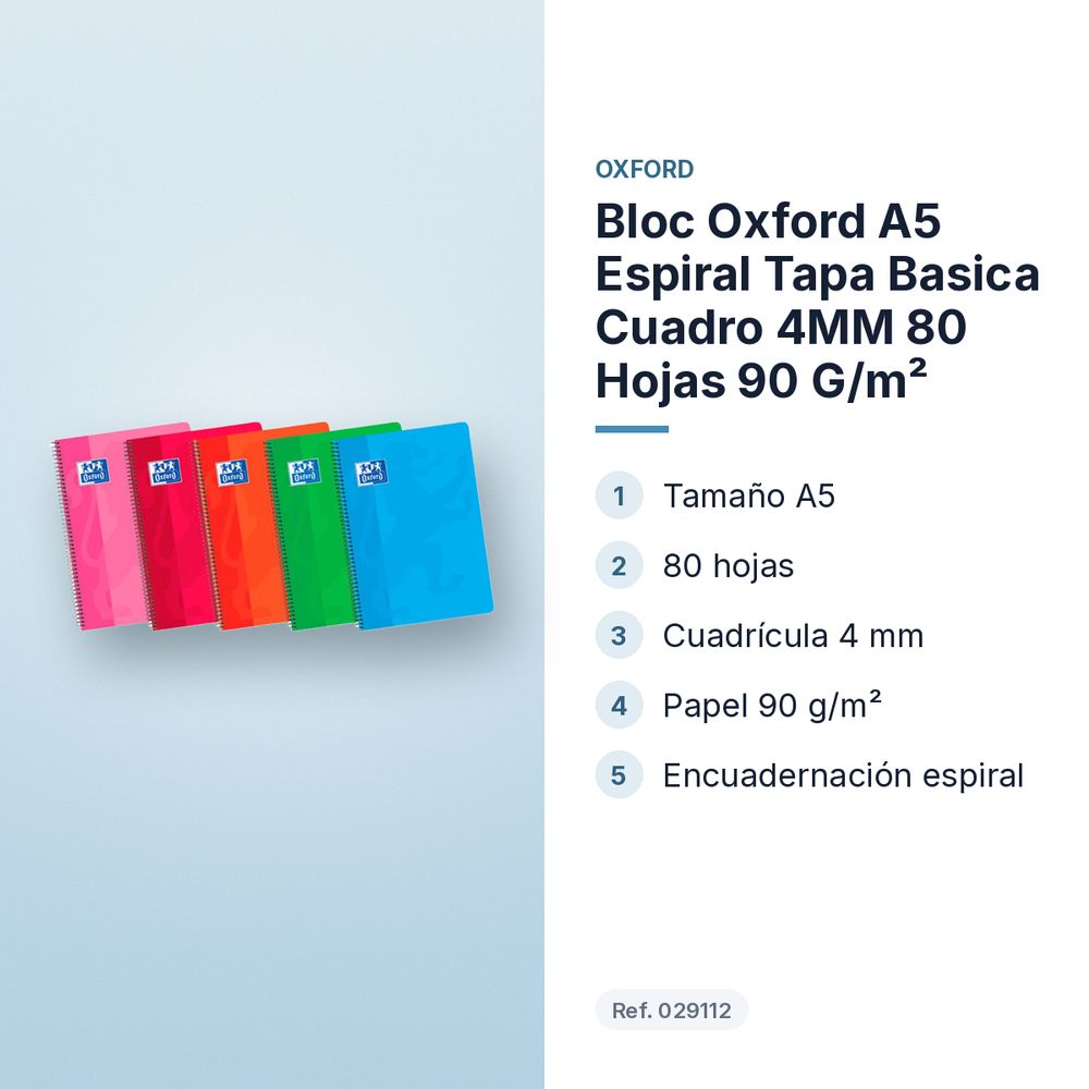 BLOC OXFORD A5 ESPIRAL TAPA BASICA CUADRO 4MM 80 HOJAS 90 G/M²  - características principales