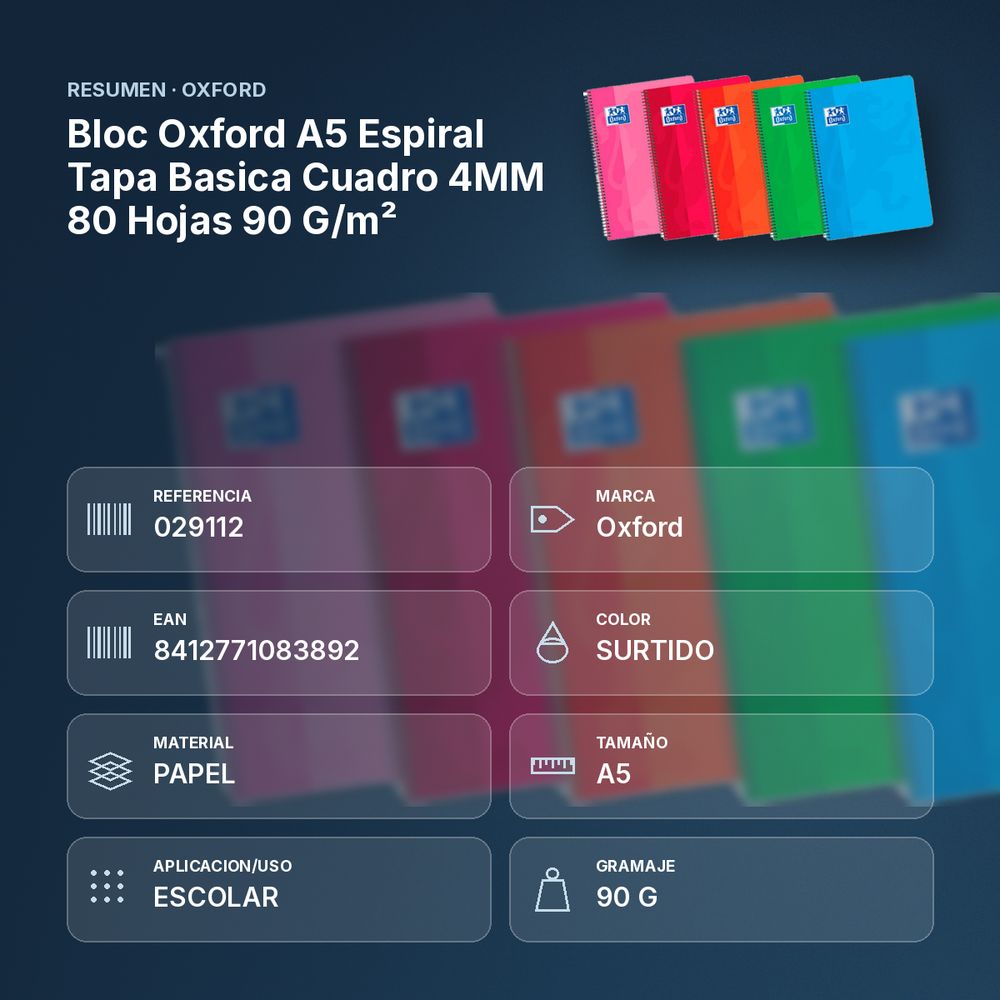 BLOC OXFORD A5 ESPIRAL TAPA BASICA CUADRO 4MM 80 HOJAS 90 G/M²  - resumen de atributos