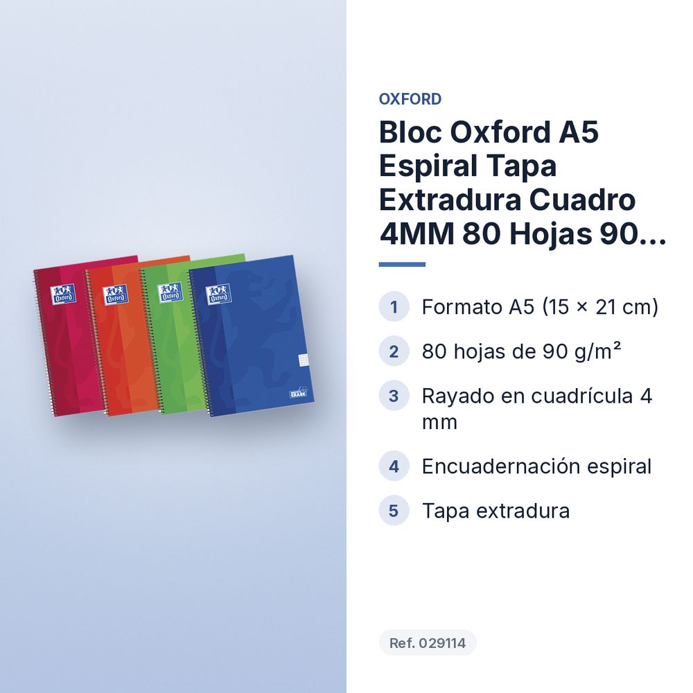 BLOC OXFORD A5 ESPIRAL TAPA EXTRADURA CUADRO 4MM 80 HOJAS 90 G/M² - características principales