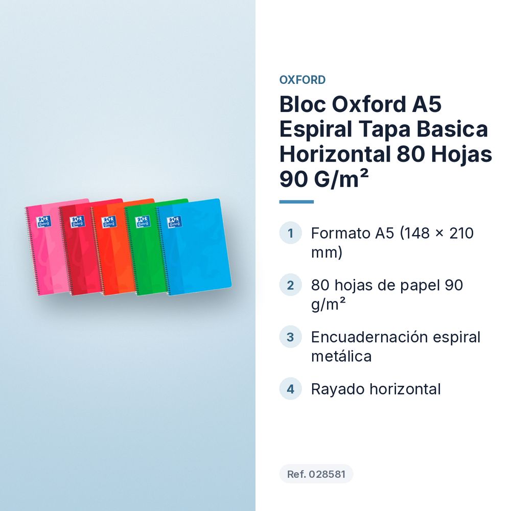 BLOC OXFORD A5 ESPIRAL TAPA BASICA HORIZONTAL 80 HOJAS 90 G/M² - características principales