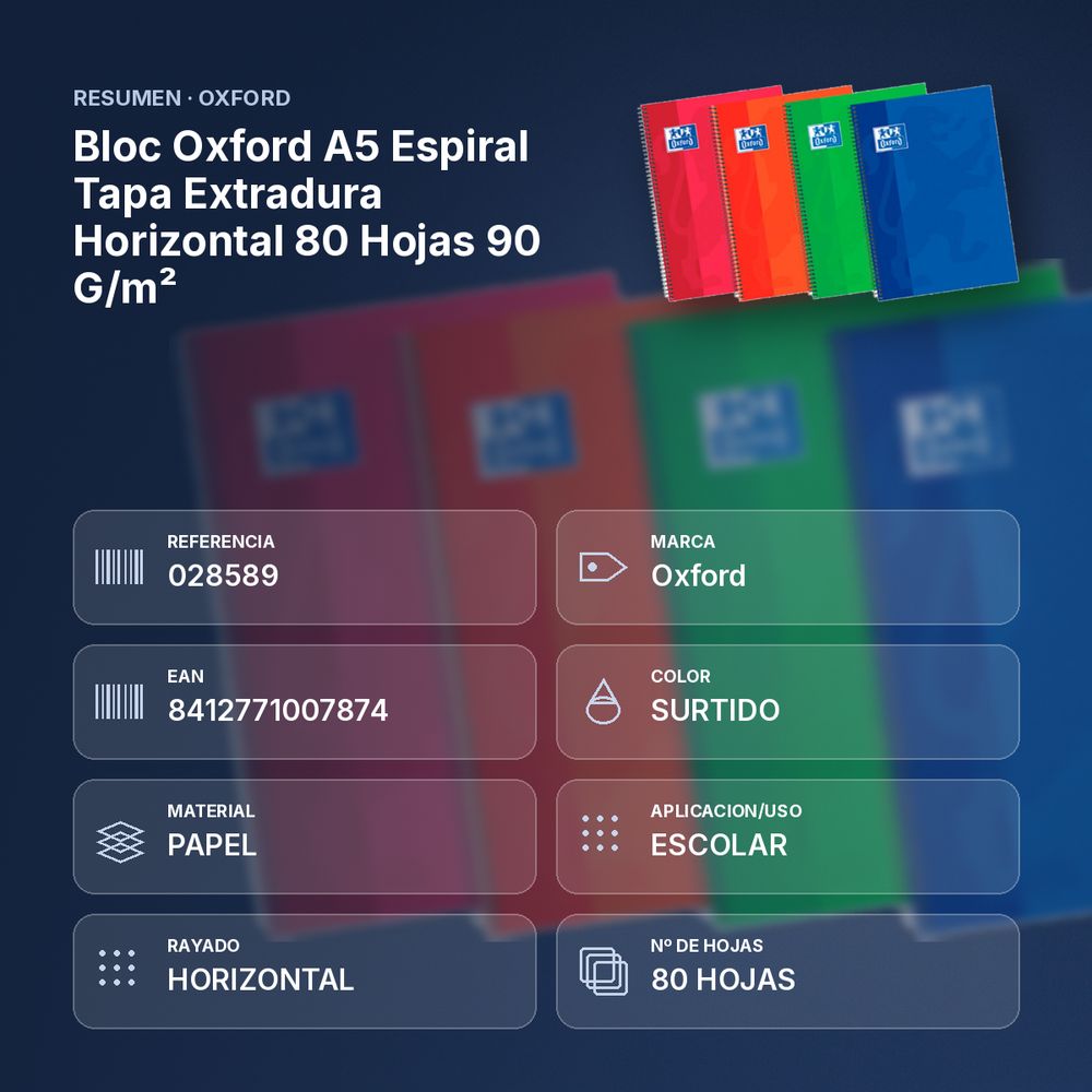 BLOC OXFORD A5 ESPIRAL TAPA EXTRADURA HORIZONTAL 80 HOJAS 90 G/M² - resumen de atributos