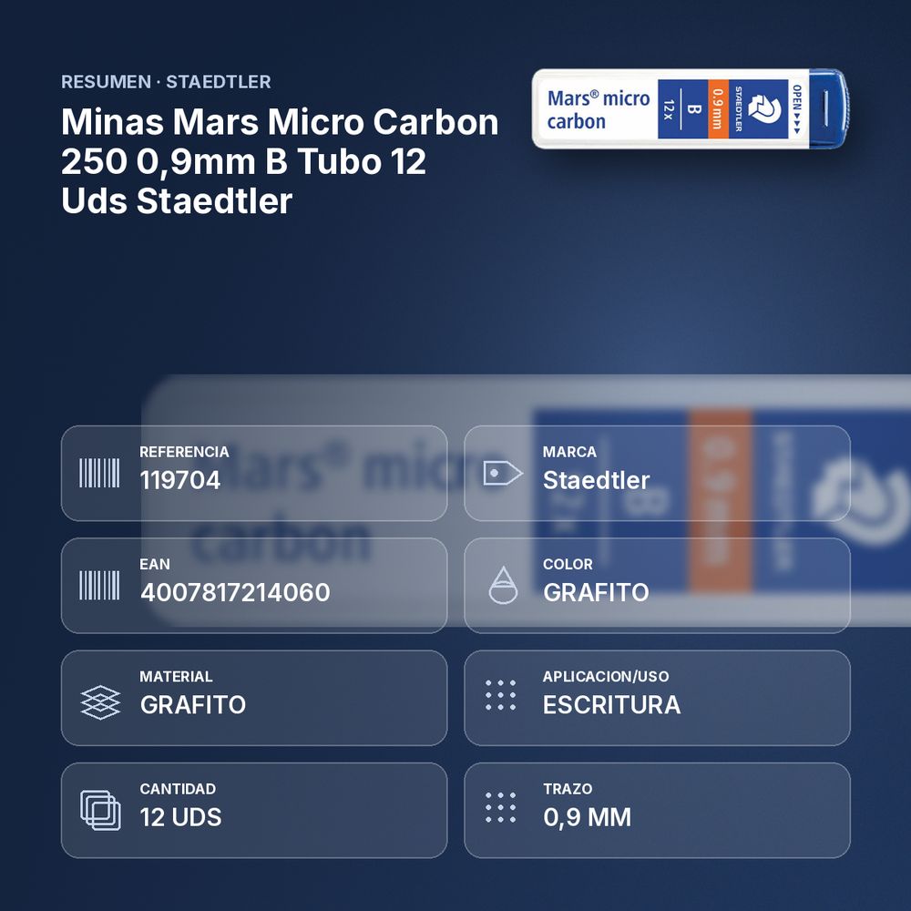 MINAS MARS MICRO CARBON 250 0,9MM B TUBO 12 UDS STAEDTLER - resumen de atributos