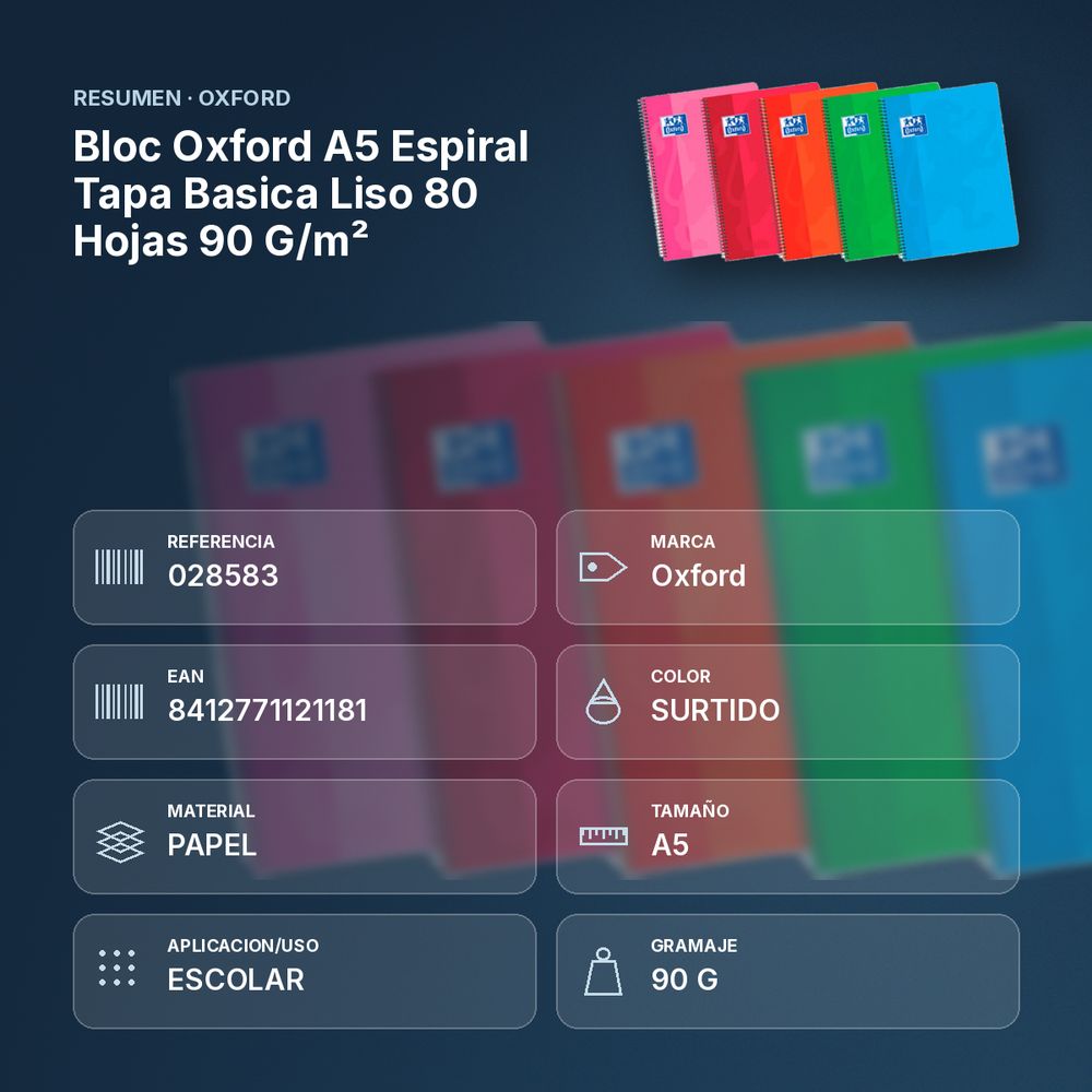 BLOC OXFORD A5 ESPIRAL TAPA BASICA LISO 80 HOJAS 90 G/M² - resumen de atributos