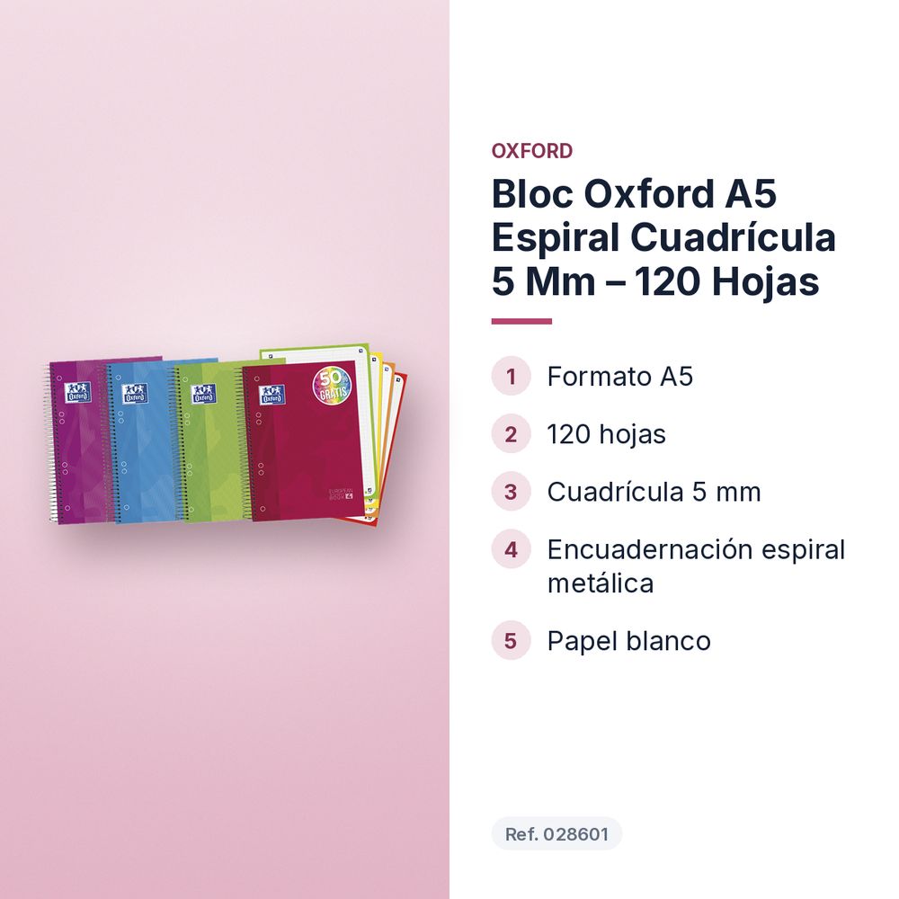 BLOC OXFORD A5 ESPIRAL CUADRÍCULA 5 MM – 120 HOJAS - características principales
