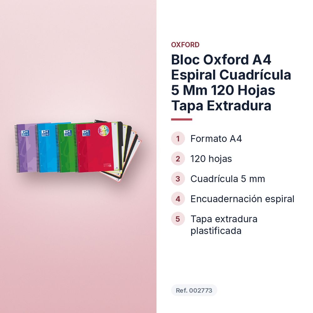 BLOC OXFORD A4 ESPIRAL CUADRÍCULA 5 MM 120 HOJAS TAPA EXTRADURA - características principales