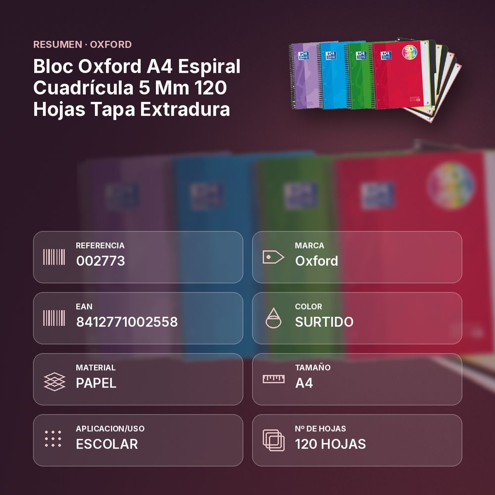 BLOC OXFORD A4 ESPIRAL CUADRÍCULA 5 MM 120 HOJAS TAPA EXTRADURA - resumen de atributos