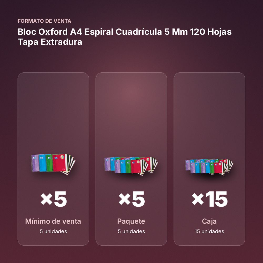 BLOC OXFORD A4 ESPIRAL CUADRÍCULA 5 MM 120 HOJAS TAPA EXTRADURA - formato de venta: paquete de 5, caja de 15, palé de 480