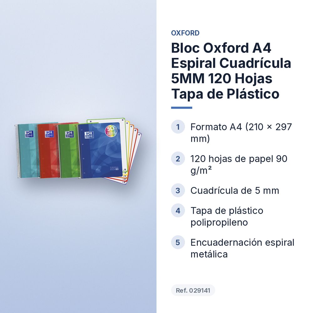 BLOC OXFORD A4 ESPIRAL CUADRÍCULA 5MM 120 HOJAS TAPA DE PLÁSTICO  - características principales