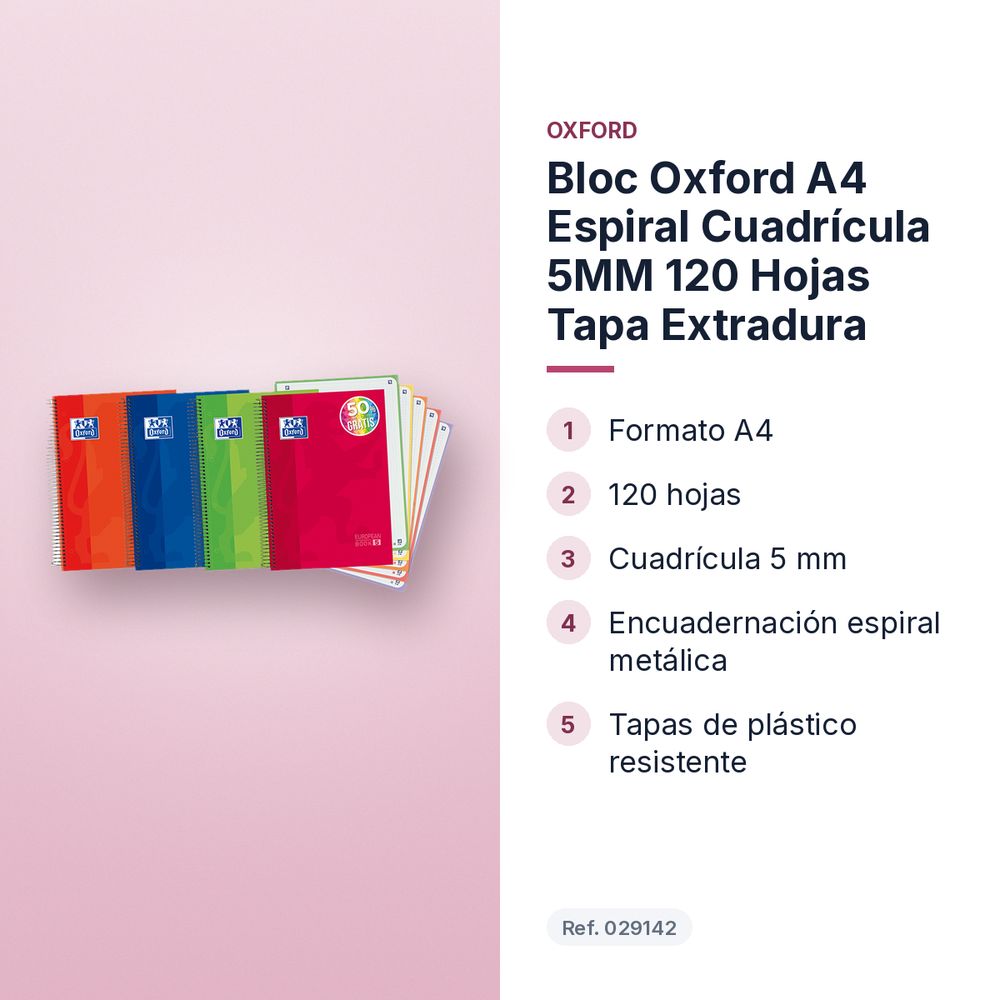 BLOC OXFORD A4 ESPIRAL CUADRÍCULA 5MM 120 HOJAS TAPA EXTRADURA - características principales