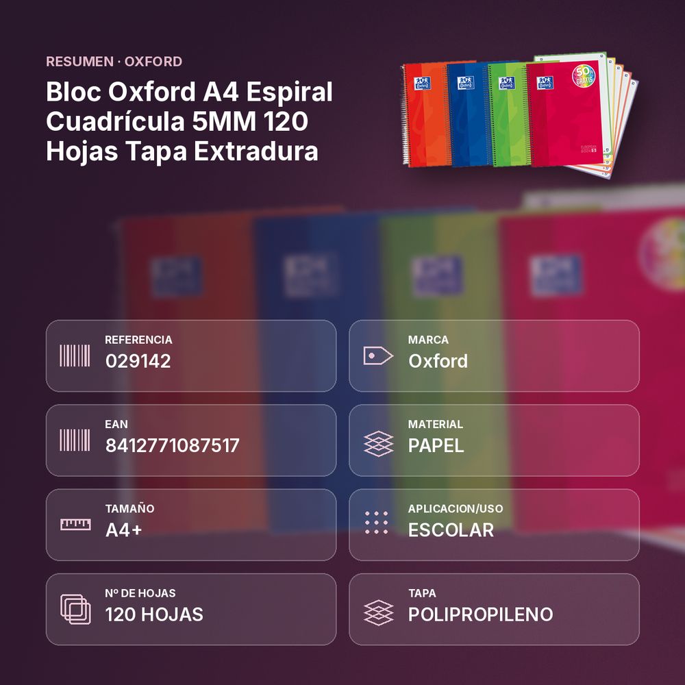 BLOC OXFORD A4 ESPIRAL CUADRÍCULA 5MM 120 HOJAS TAPA EXTRADURA - resumen de atributos