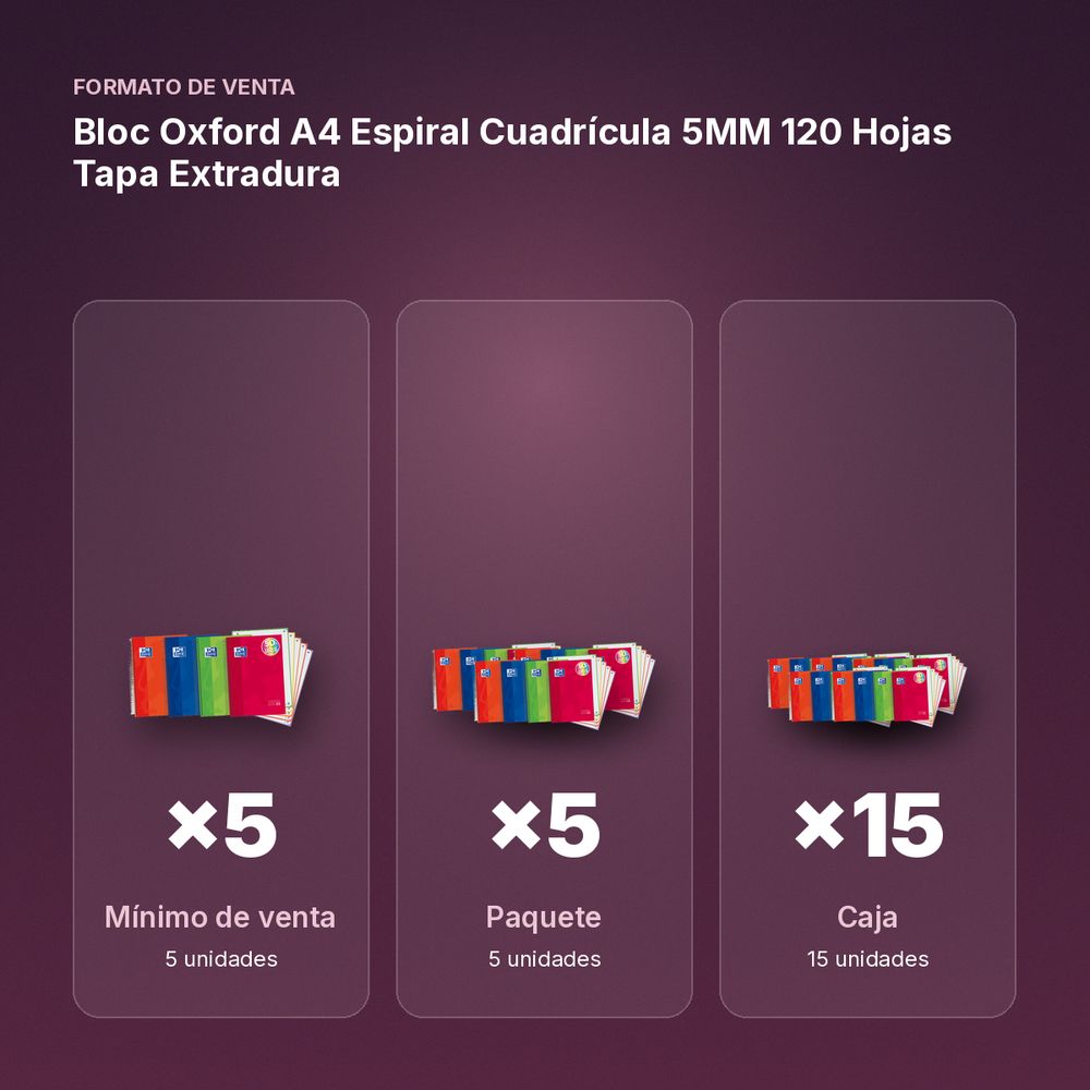 BLOC OXFORD A4 ESPIRAL CUADRÍCULA 5MM 120 HOJAS TAPA EXTRADURA - formato de venta: paquete de 5, caja de 15, palé de 480