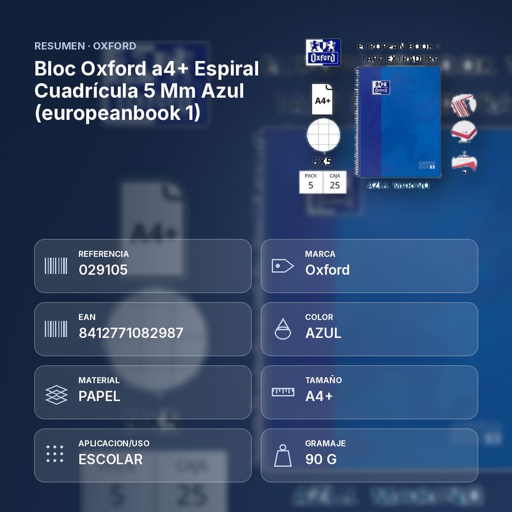 BLOC OXFORD A4+ ESPIRAL CUADRÍCULA 5 MM AZUL (EUROPEANBOOK 1)  - resumen de atributos