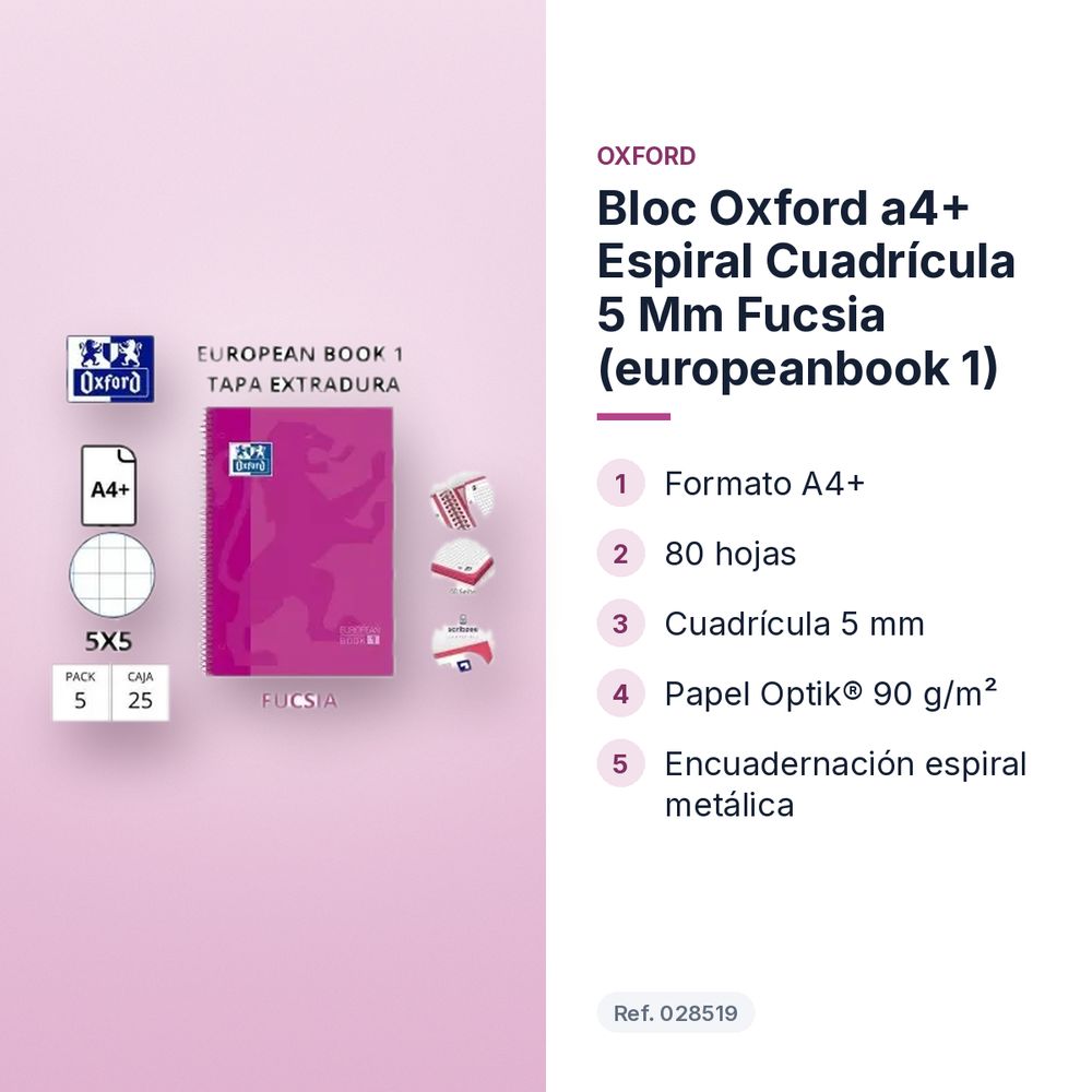 BLOC OXFORD A4+ ESPIRAL CUADRÍCULA 5 MM FUCSIA (EUROPEANBOOK 1)  - características principales