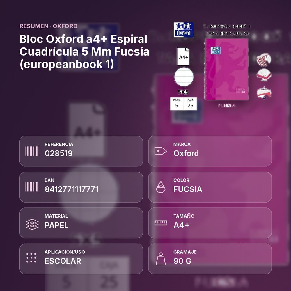 BLOC OXFORD A4+ ESPIRAL CUADRÍCULA 5 MM FUCSIA (EUROPEANBOOK 1)  - resumen de atributos