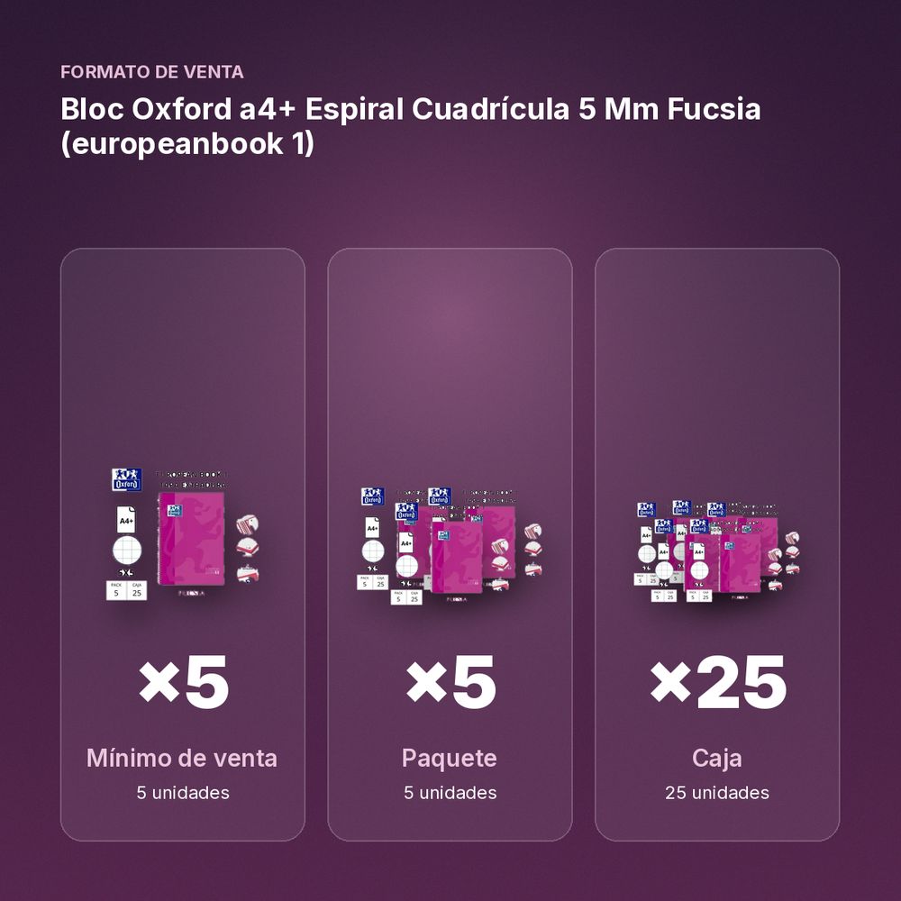 BLOC OXFORD A4+ ESPIRAL CUADRÍCULA 5 MM FUCSIA (EUROPEANBOOK 1)  - formato de venta: paquete de 5, caja de 25, palé de 600